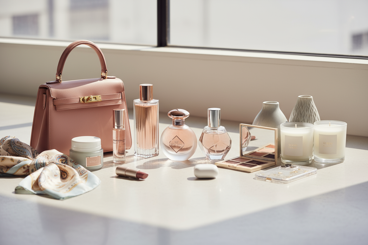 Include visuals of perfume bottles, beauty items, stylish women’s fashion, home goods, and tech accessories, arranged harmoniously with a balanced color palette.