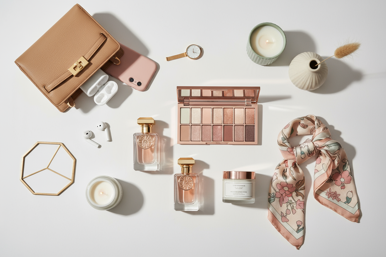 Include visuals of perfume bottles, beauty items, stylish women’s fashion, home goods, and tech accessories, arranged harmoniously with a balanced color palette.